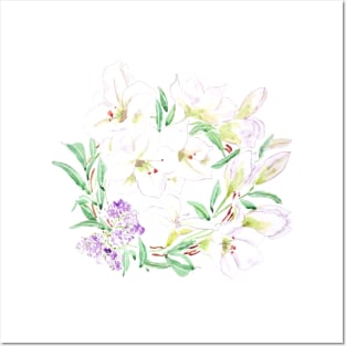 white lily flowers watercolor painting Posters and Art